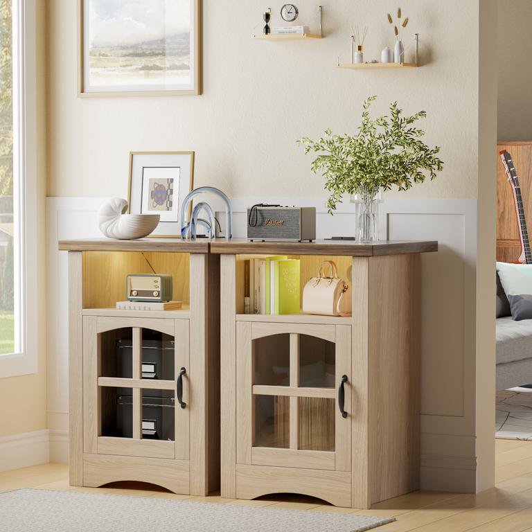 LED End Table Set of 2 with Power Outlet & Glass Door