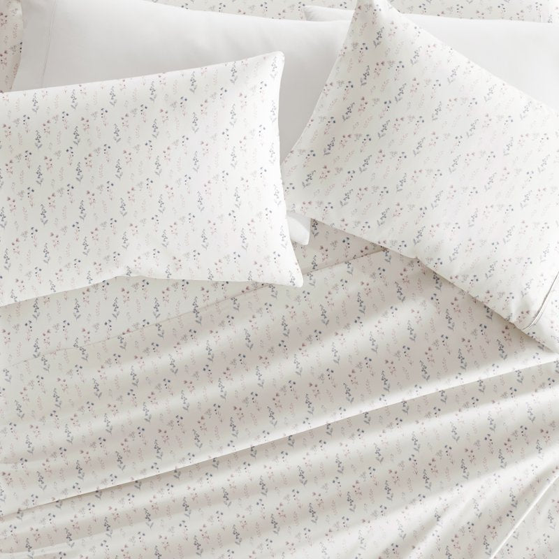 Queen Pattern Microfiber Bed Sheets Set - Ivory Painted Meadow, 4 Piece
