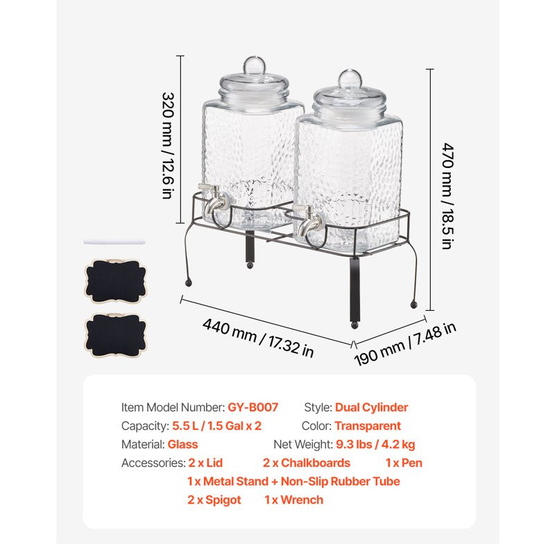 2-Pack 1.5-Gallon Glass Beverage Dispensers with Metal Stand