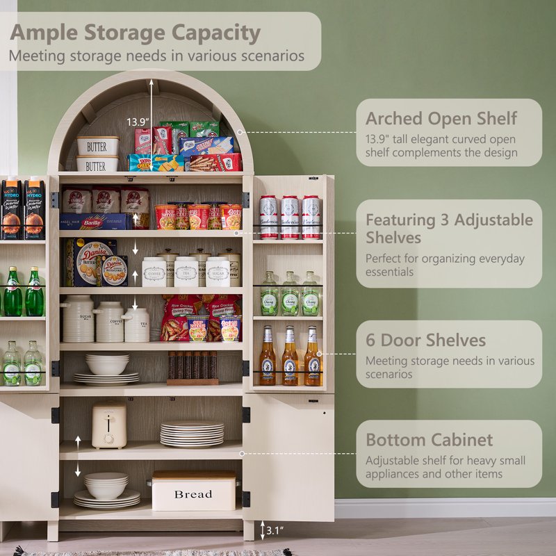 Modern Arched Pantry Storage Cabinet - Cream & Fluted Wood, 71"