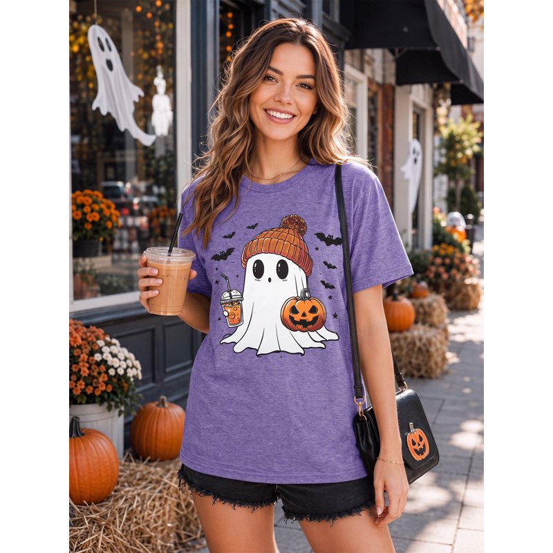 Purple Halloween Ghost Pumpkin T-Shirt for Women Cute Coffee Lover Graphic Tee - Small