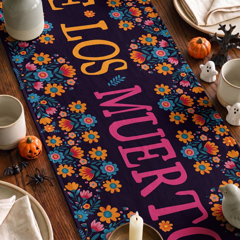 Halloween Skull Table Runner 13x72 Inch Watercolor Marigolds Decor - Variation G