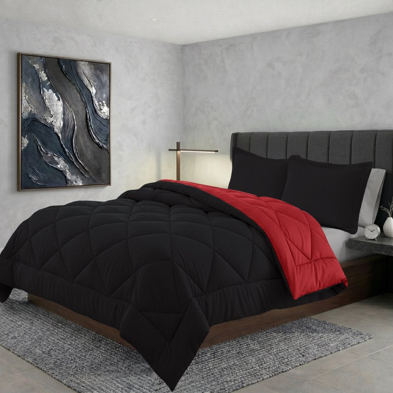 Reversible Down Alternative Comforter Set - King, Microfiber, All-Season Bedding, Black & Burgundy
