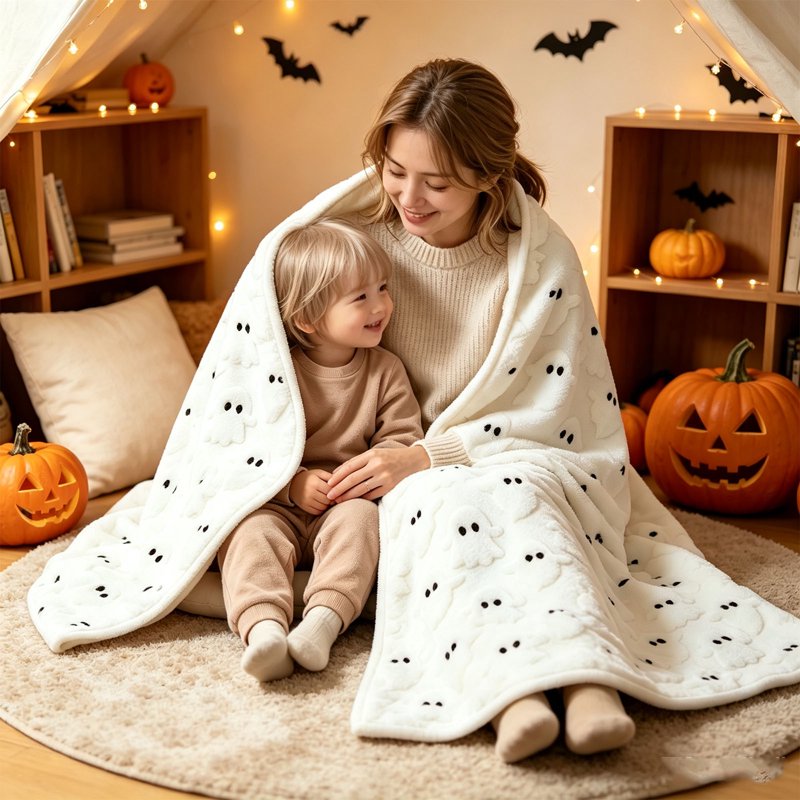 Halloween Fleece Throw Blanket - Ghost & Pumpkin Print, White, 70x100cm - Cozy Sofa Couch Bed Decor