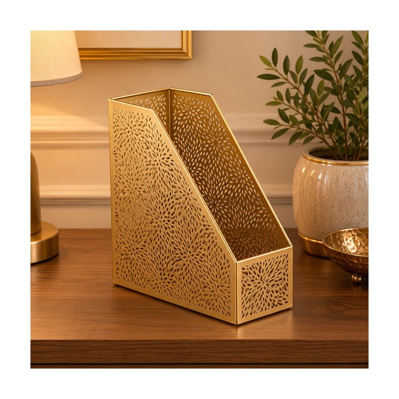 Gold Metal Floral Magazine Holder - 12-Inch Single Slot