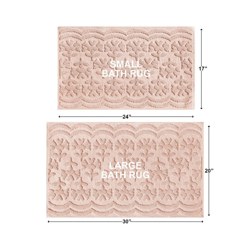 Floral Block Scallop Bath Rug Set - Pink 17x24 & 20x30 Inches, Cotton, Non-Slip