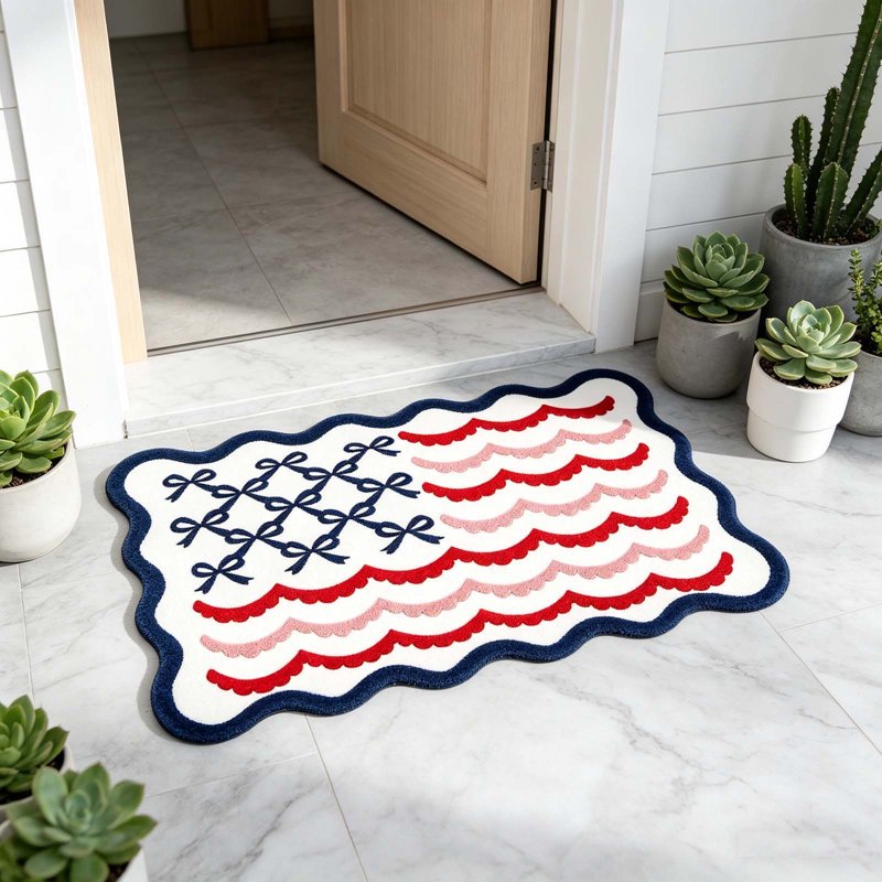 Patriotic Door Mat 4th of July Bow Flag Floor Doormat - 24x35in - Independence Day Welcome Rug - Non Slip Front Porch Decor
