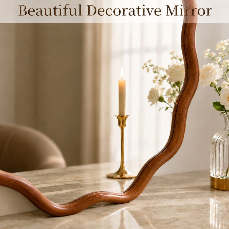 Easy4Home Wavy 30x30 Inch Wall Mirror with Solid Wood Walnut Frame