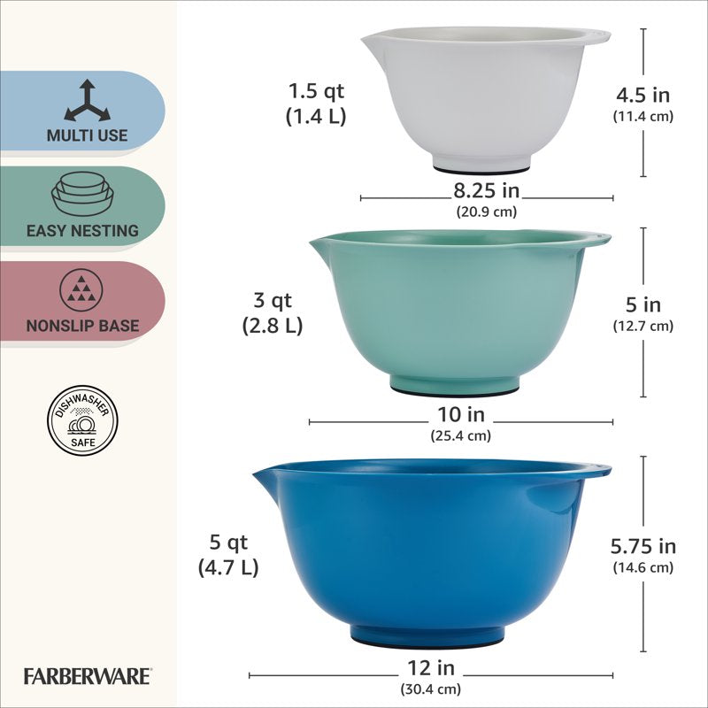 Nesting Mixing Bowls Set of 3 - Dark Blue, Non-Slip Base