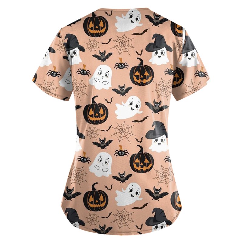 Plus Size Halloween Pumpkin-Headed Bat Printed Nurse Scrub Top - XXXL