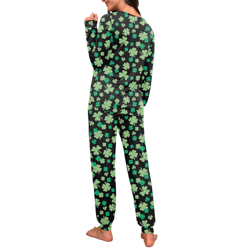 Women's Pajama Set Long Sleeve Lounge Sleepwear with Pockets - Black Green Clover, L