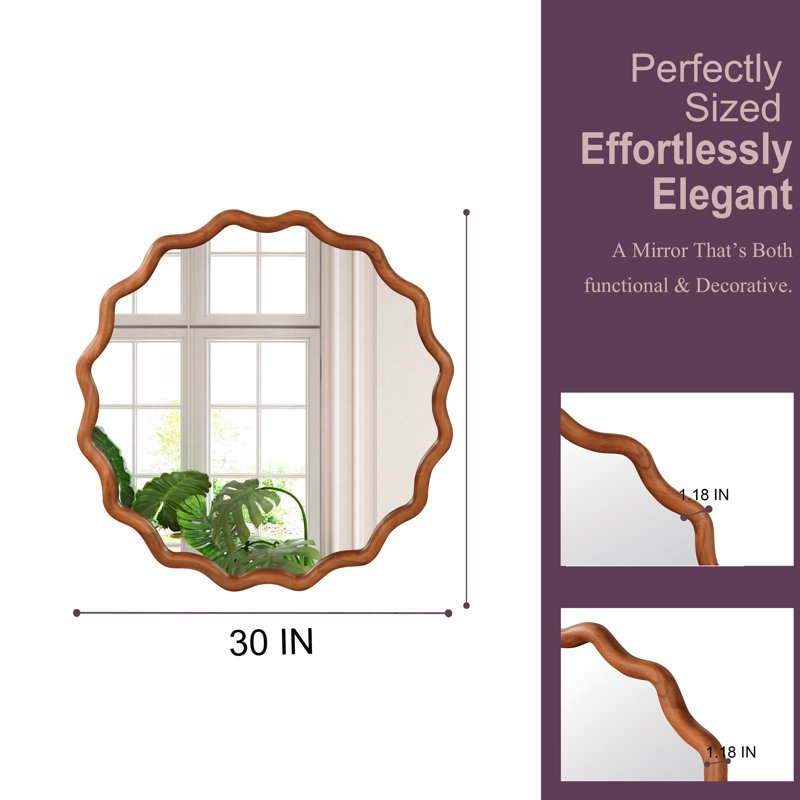 30 Inch Wavy Round Solid Wood Mirror with Tempered Glass - Decorative Wall Mirror