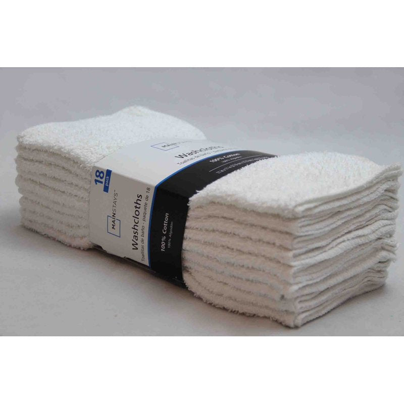 (2 Pack) Mainstays White Washcloths - 18 11x11 Cotton Face & Body Cloths with Quick-Dry