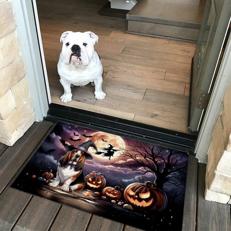 Rubber Doormat 24x16 Inches - Basset Hound & Halloween Night Design