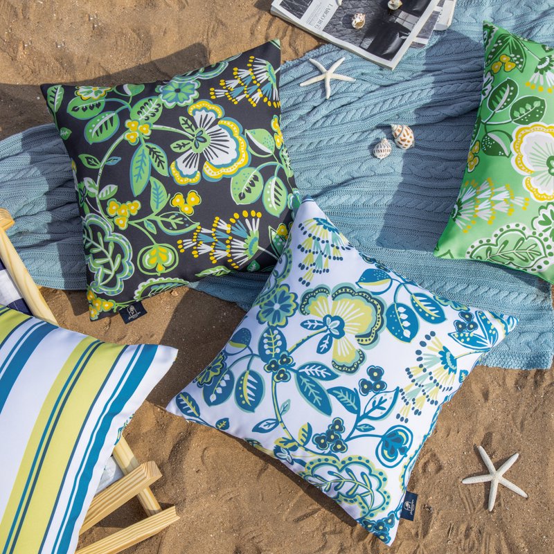 Outdoor Waterproof Floral Throw Pillow Set - Dark Green 12x20 Inch, Pack of 2