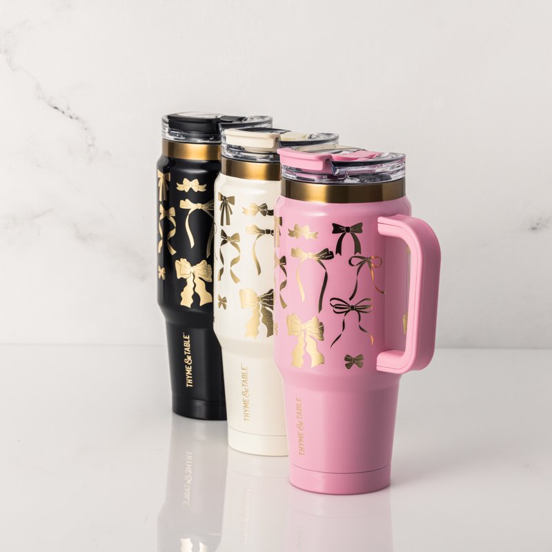 32oz Stainless Steel Tumbler with Handle & Dual Straw Lid - Cream & Gold Bows