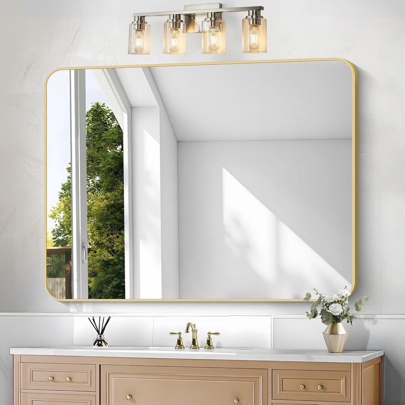 36x48 Inch Gold Bathroom Mirror - Rounded Edge Wall Mount Vanity Mirror - Clarvion