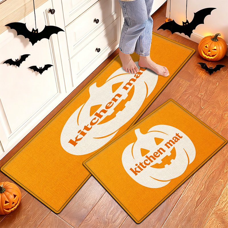 Halloween Orange Pumpkin Flannel Kitchen & Bathroom Rug Set - Non-Slip, 15.7x23.6 Inches