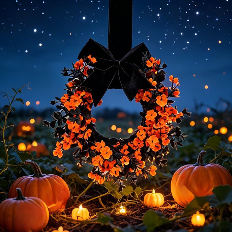 Mini Halloween Wreath - Orange Gothic Decor, 8.6 Inch Artificial Grapevine with Velvet Bow
