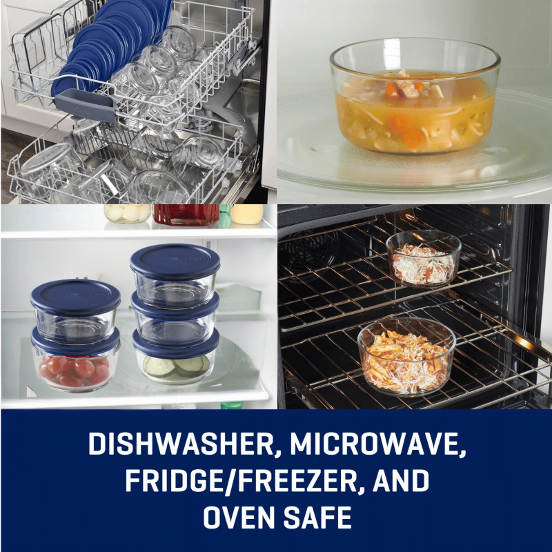 30-Piece Clear Glass Food Storage Set with Navy Lids