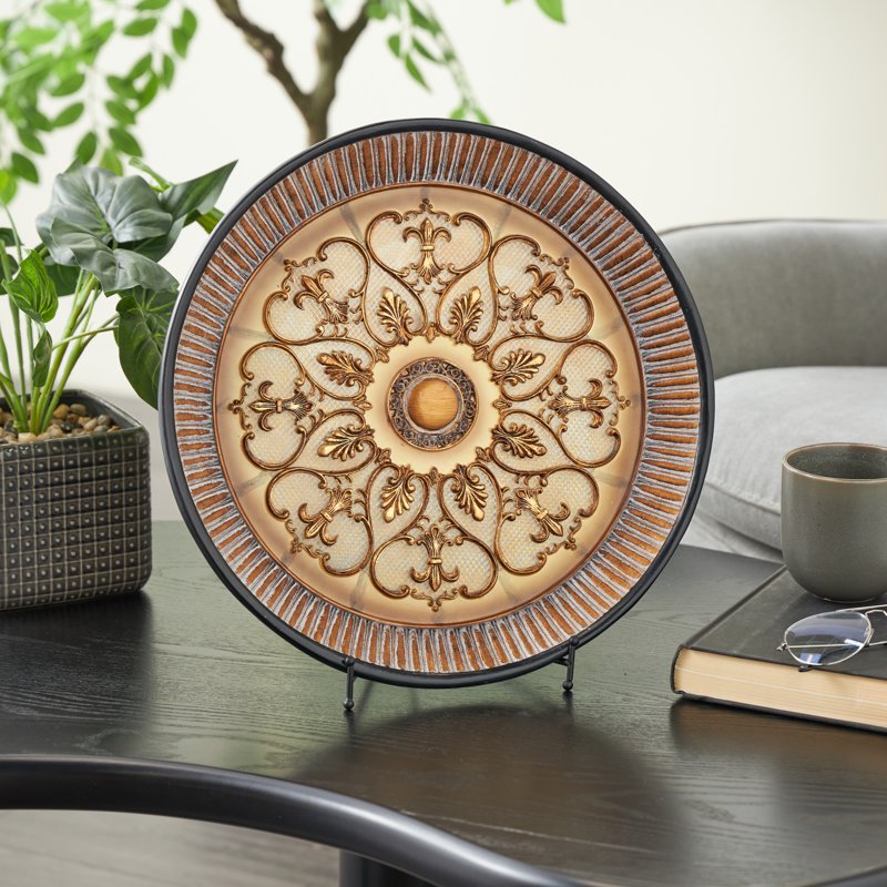 16" Round Gold Embossed Polystone Charger with Stand - Decorative Plate