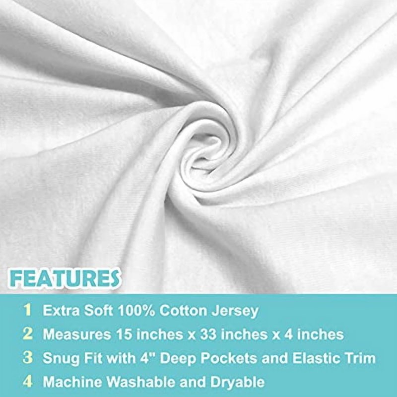 Baby Bassinet Sheet - 15 x 33 Inches, 100% Cotton Jersey Knit, White, Pack of 2 - Soft Breathable Fitted Sheet for Nursery