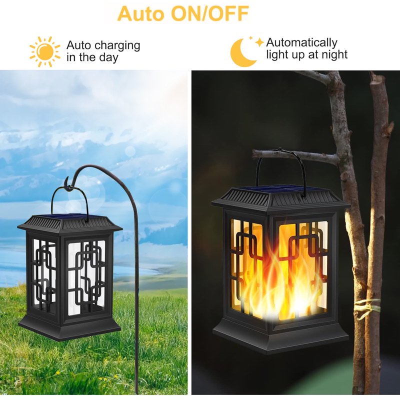 Outdoor Solar Lanterns with Flickering Flame Effect - Waterproof Hanging Lanterns for Garden Patio Yard - 2 Pack