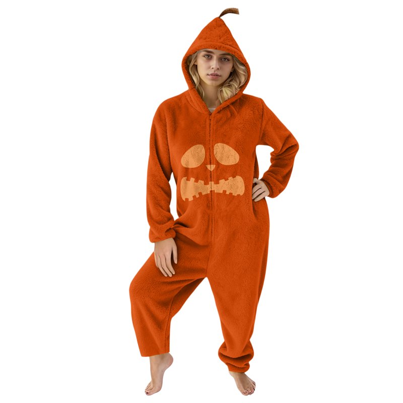 Unisex Pumpkin Halloween Costume Jumpsuit 2XL Fleece Hooded Sleepwear Cosplay Romper