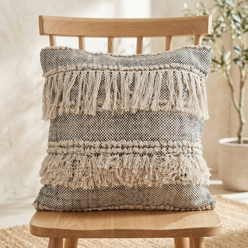 20x20 Natural Black Striped Cotton Fringed Throw Pillow - Decorative Accent