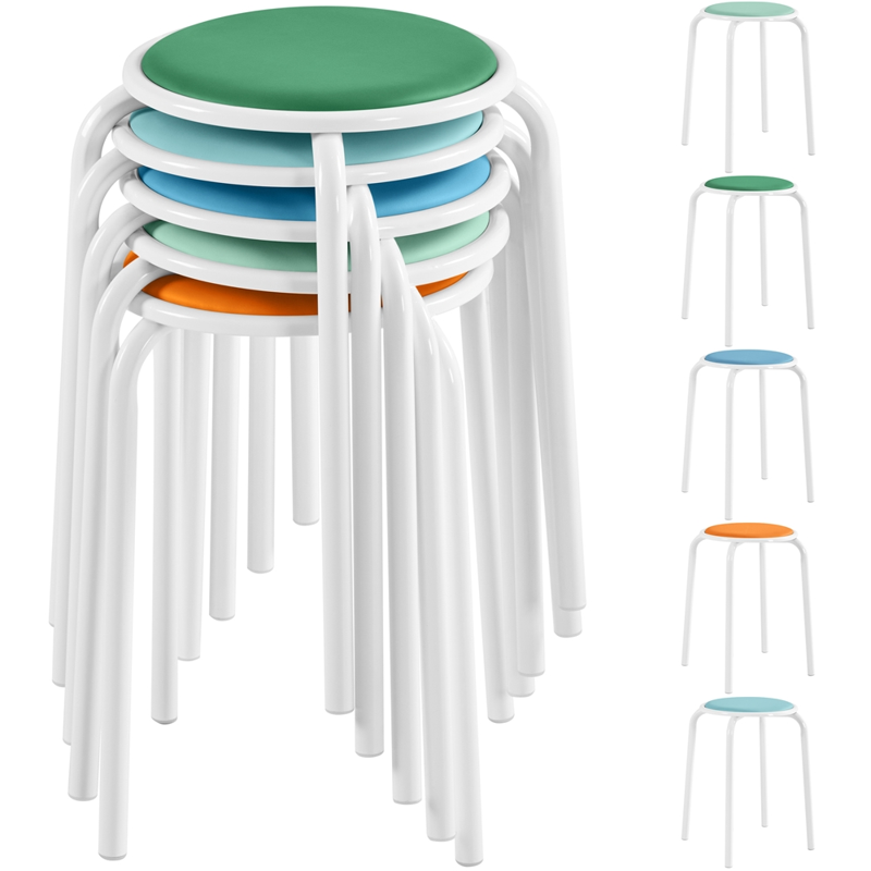 Multicolor Padded Stackable Metal Stools - Set of 5, 17.7"