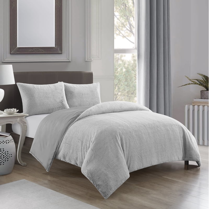 Twin Grey Faux Rabbit Fur Duvet Set with Pillow Shams - Dearfoams