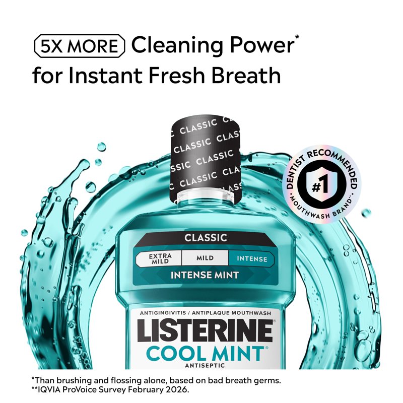 Antiseptic Mouthwash for Plaque and Bad Breath, Intense Mint, 33.8 fl oz