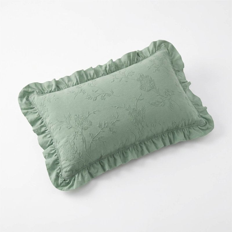 Green Decorative Lumbar Pillow - Matelassé Floral Crochet Ruffle, 14x24