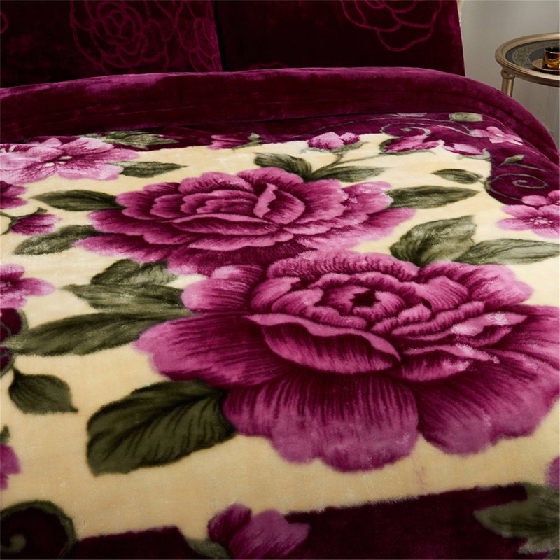 King Size Faux Mink Fleece Blanket - Heavy 10lbs, Purple Beige Floral