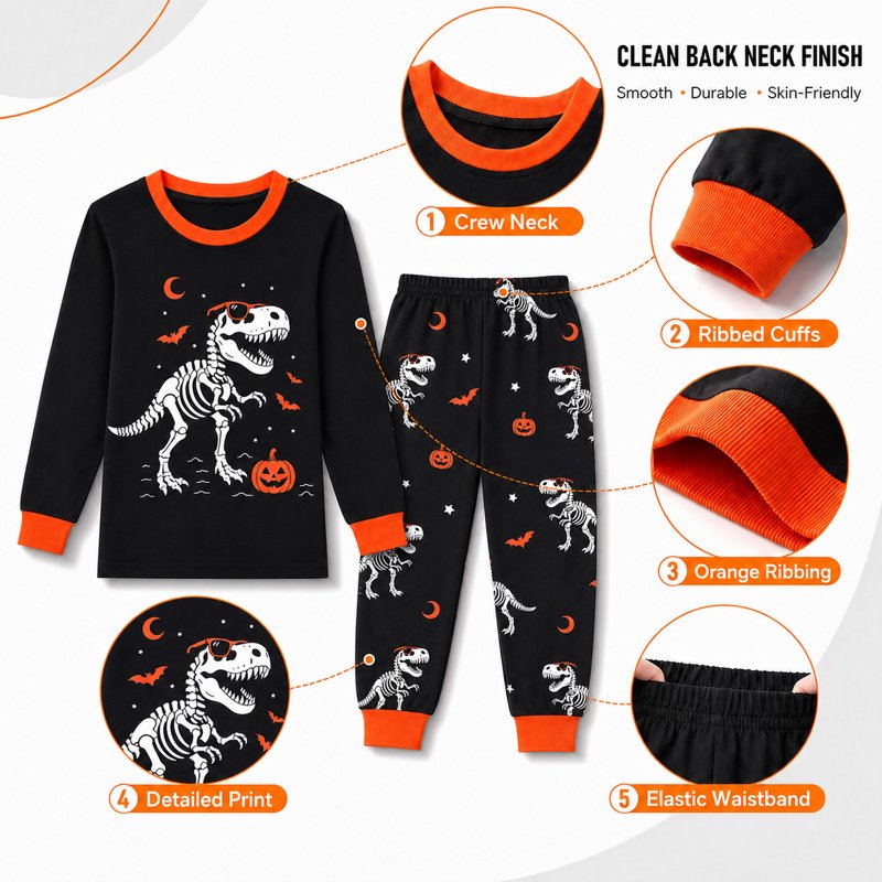 Dino Skeleton Pumpkin Kids Halloween Pajamas Set - Glow-in-the-Dark 2T