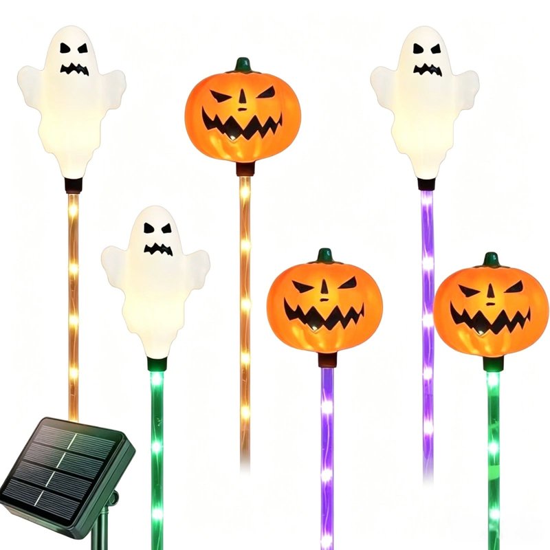Halloween Solar Stake Lights Ghost Pumpkin Set Waterproof Multi-Color Glow - White & Orange