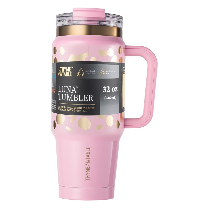 Stainless Steel 32oz Luna Tumbler with Handle and Dual Straw Lid - Pink & Gold Dots