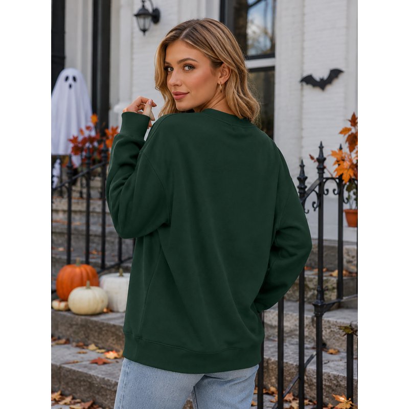 Dark Green Halloween Sweatshirt Women Spooky Season Ghost Pumpkin Pullover XXL