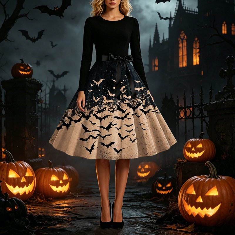 Women's Vintage Halloween Bat Print Swing Dress - Khaki XL Retro Gothic Midi