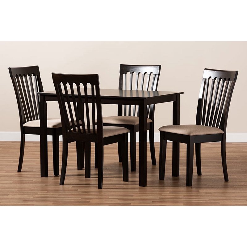 5-Piece Dining Set - Sand Fabric Upholstered with Espresso Brown Wood