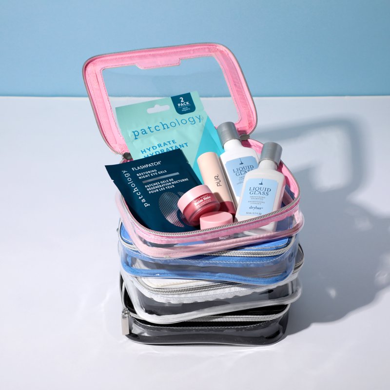 Clear Travel Organizer Bag with White Piping for Cosmetics and Toiletries