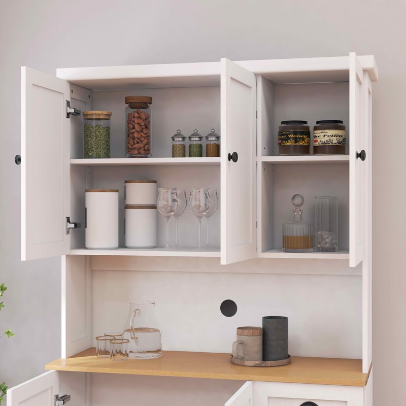 71-Inch Kitchen Pantry Storage Cabinet - Freestanding Hutch with Microwave Countertop, 6 Doors & 1 Drawer - White