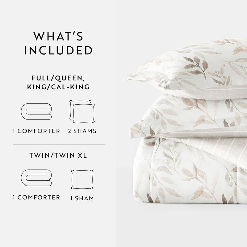 King Down Alternative Foliage Stripe Ivory Reversible Comforter Set - All Season Bedding