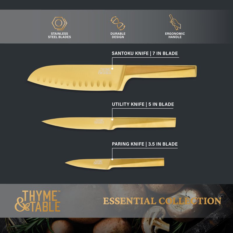 Gold Knife Set - 3-Piece Stainless Steel Kitchen Knives