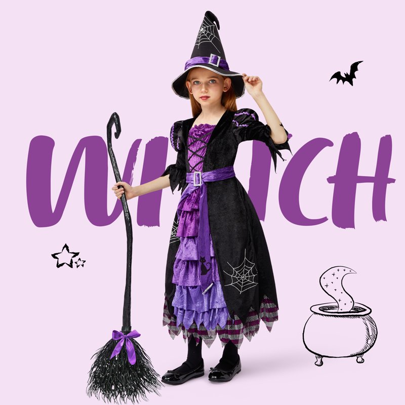 Toddler Girls Witch Costume Set XS (3-4 Years) Halloween Dress Up with Hat & Broom