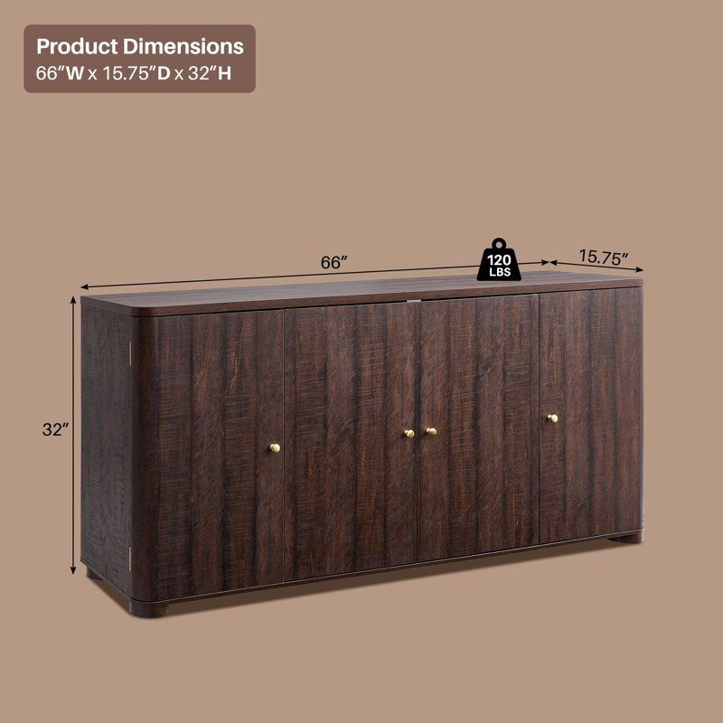 Curved Coffee Bar Storage Cabinet - 66" Brown Sideboard with 4 Doors