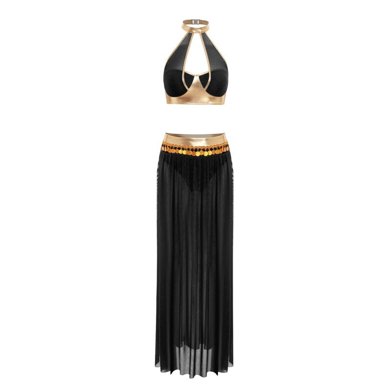 Belly Dance Costume Set with Sequin Tassel Crop Top and Mesh Skirt - Black M