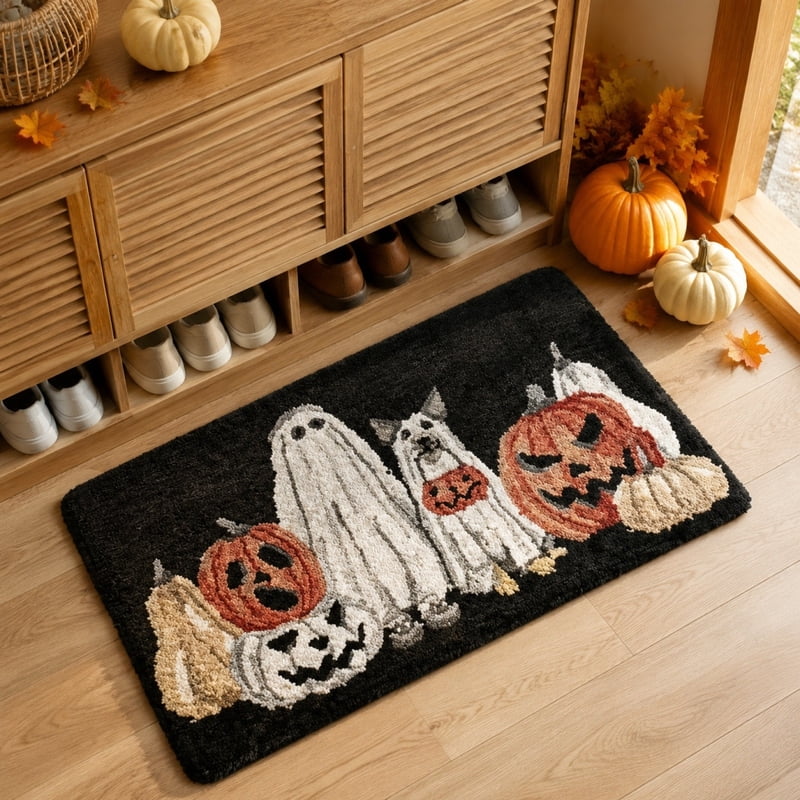 Halloween Ghost & Pumpkin Doormat - Spooky Washable Rug with Variation H