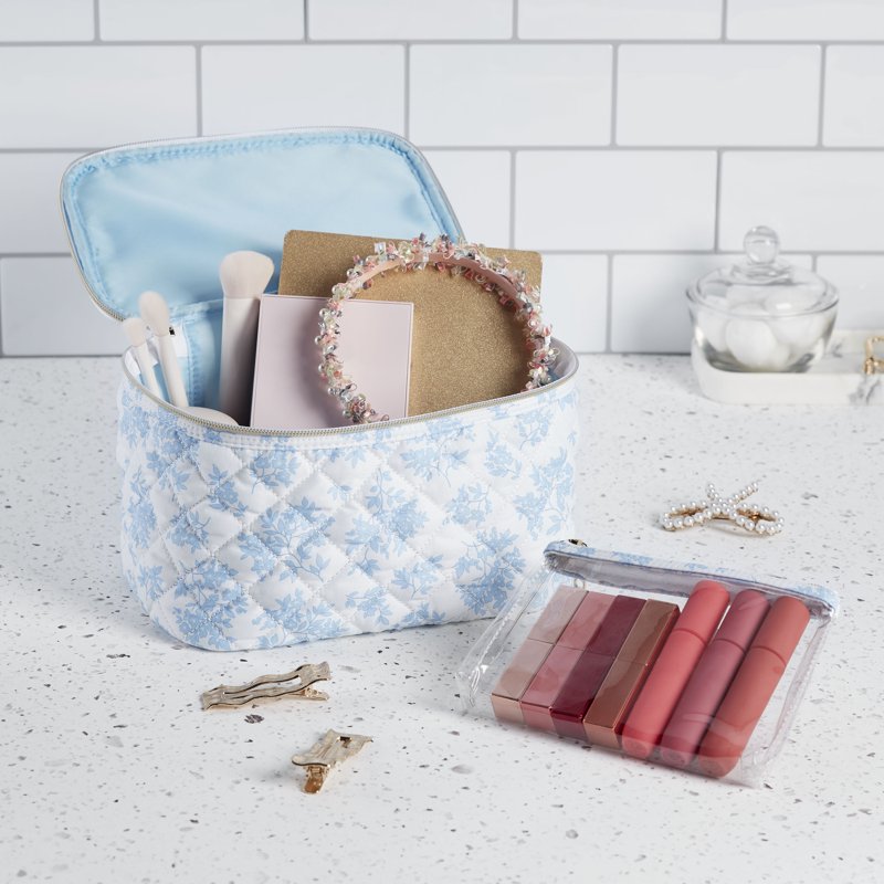 2-Piece Floral Train Case Set with Clear Pouch for Travel Organization