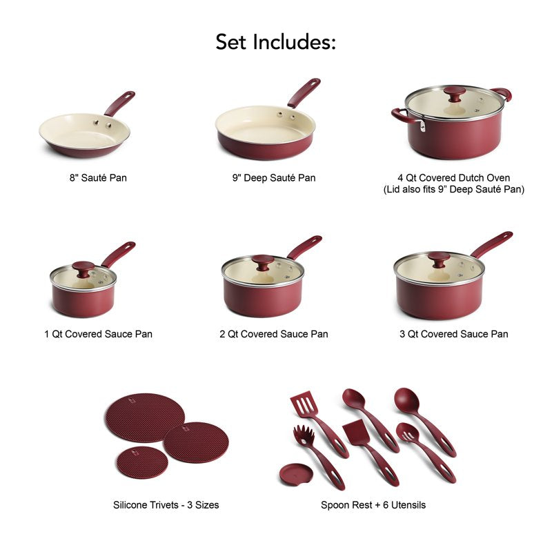 20-Piece Ceramic Nonstick Cookware Set - Wine Color